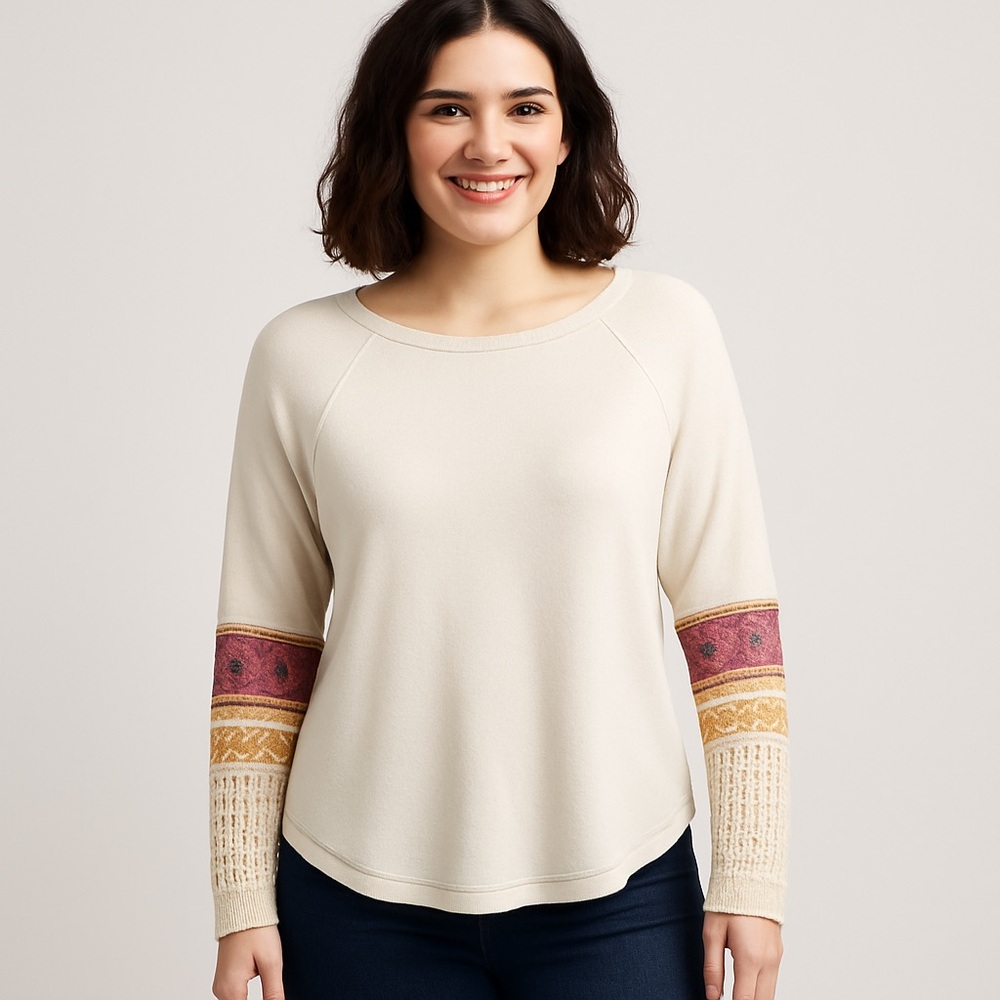 Free People knit with sweater and crochet detailing on the sleeves round hem D4